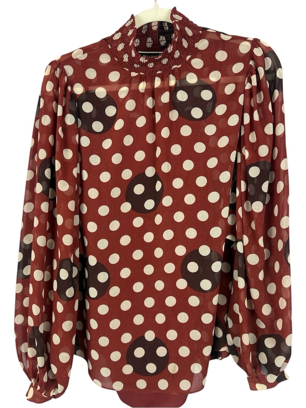 Melanie Lyne Rust Polka Dot Smocked High Neck Blouse with Camisole - Size 4